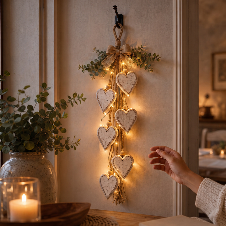 Hearth & Heart – Rustic Beaded Five-Heart Wall Hanging