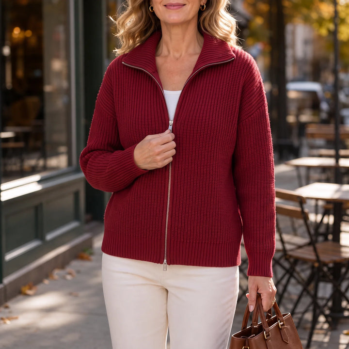 Ribbella – Ribbed Knit Full-Zip Collared Cardigan