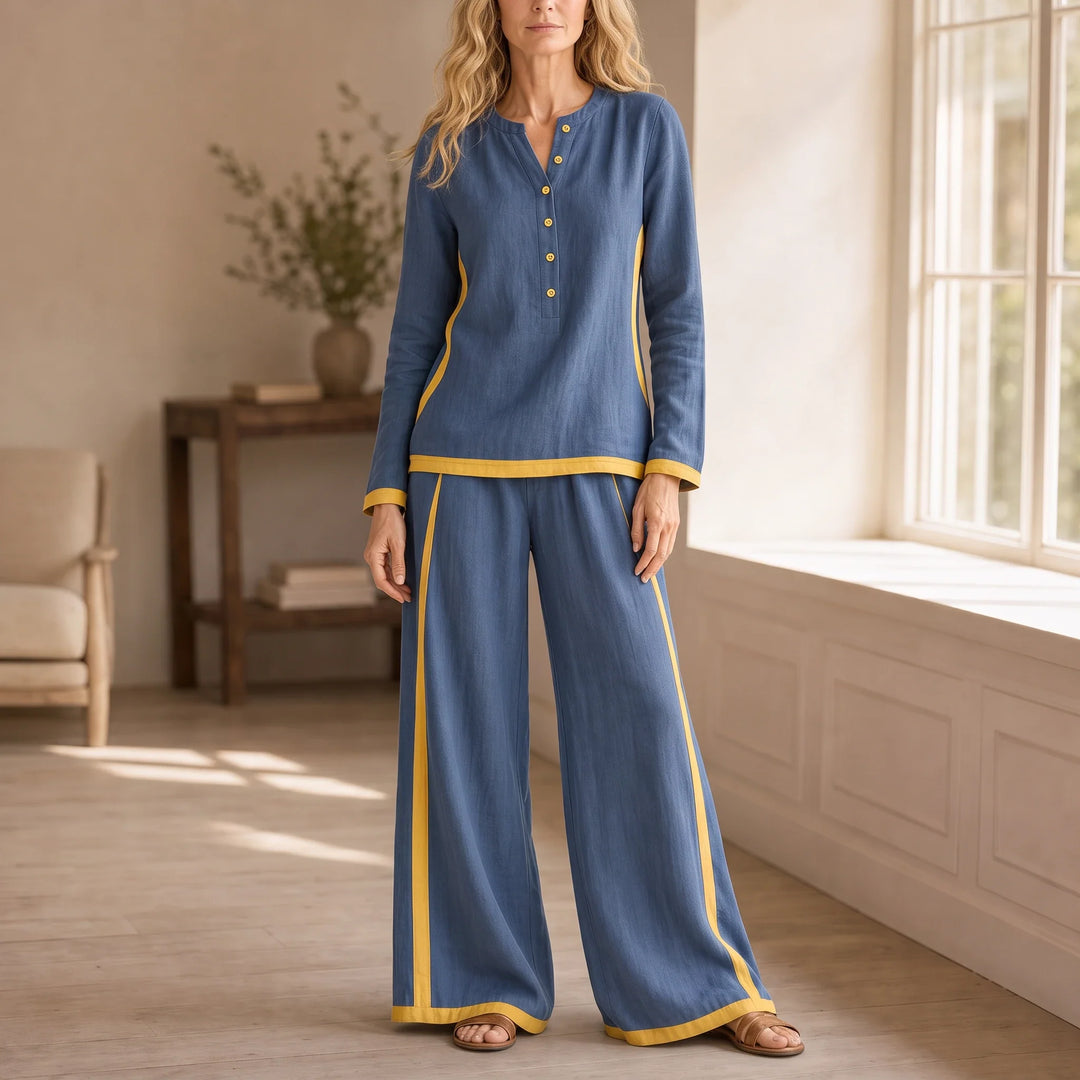 Modaform – Color-Block Long-Sleeve Top And Wide-Leg Pants Set