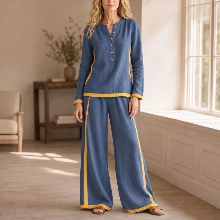 Modaform – Color-Block Long-Sleeve Top And Wide-Leg Pants Set
