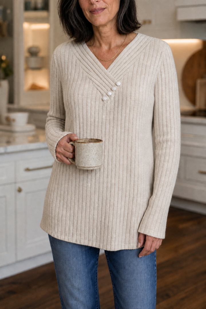 Marlowe & Rib – Ribbed V-Neck Button-Detail Sweater