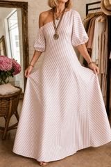 Onestrand – Striped One-Shoulder Puff Sleeve Maxi Dress
