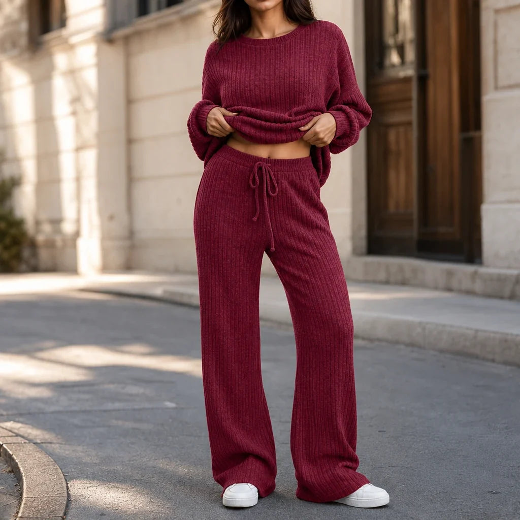 Softhaven – Ribbed Drop-Shoulder Sweater And Wide-Leg Pants Set