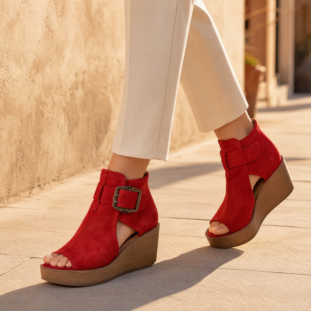 Elsera™ – Peep-Toe Platform Wedges with Buckle Detail
