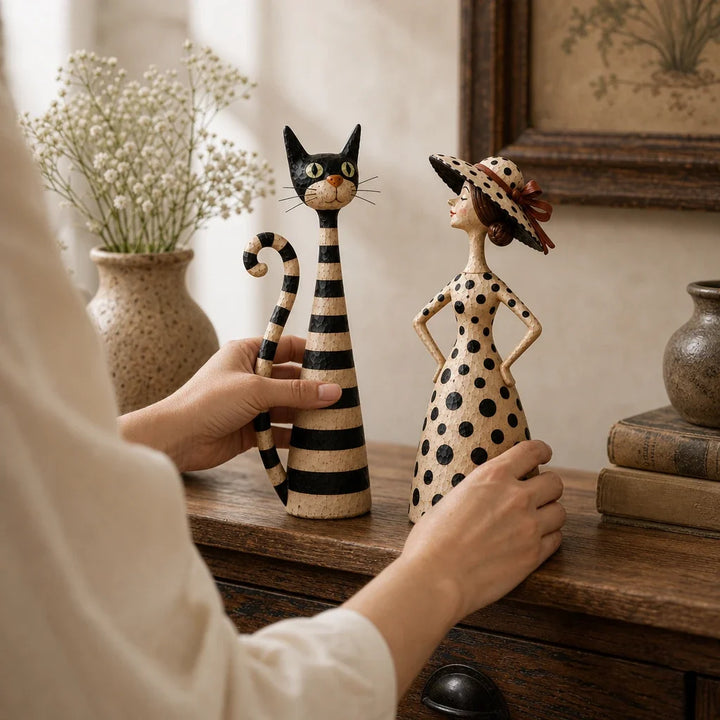 Heirloom Whiskers – Distressed Cat And Lady Figurine Set