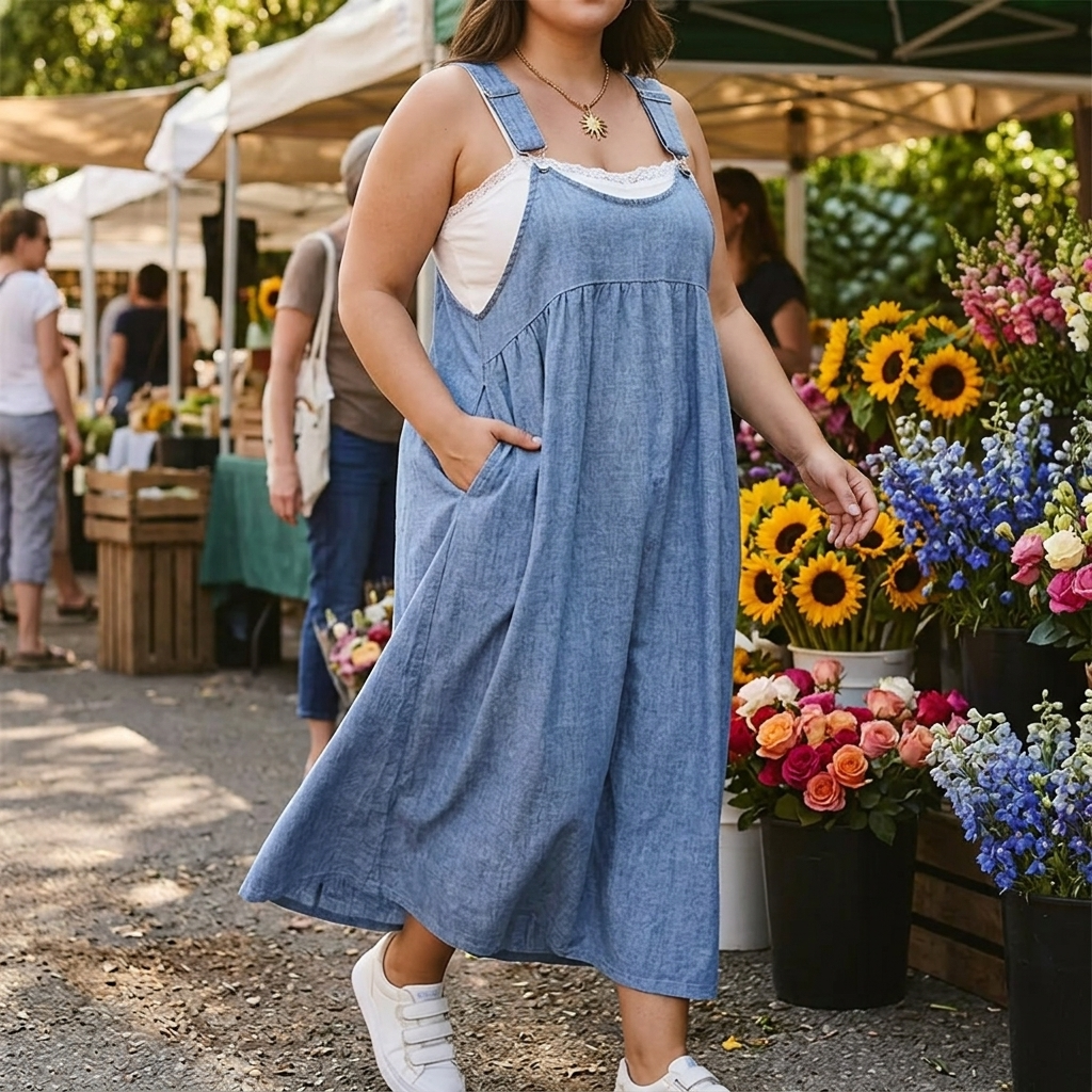 Dalena™ – Relaxed Denim Suspender Dress with Pockets