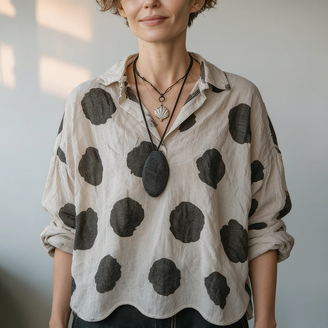 Marelle – Polka Dot Cotton-Linen V-Neck Blouse