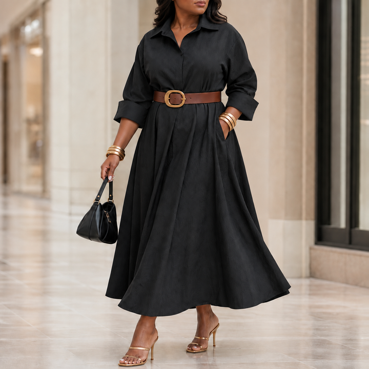 Everly Midi – Belted Long-Sleeve Collared Midi Dress