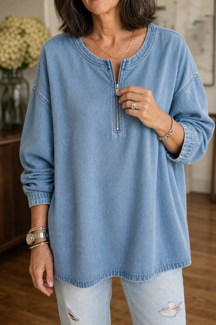 Zipdenim – Half-Zip Denim-Look Blouse