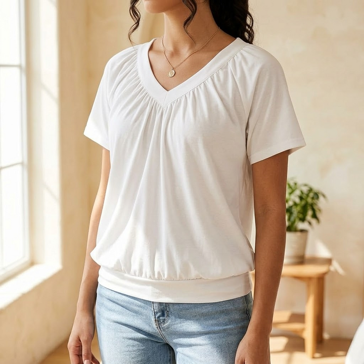Vivelyn™ – Pleated V Neck Blouson Top