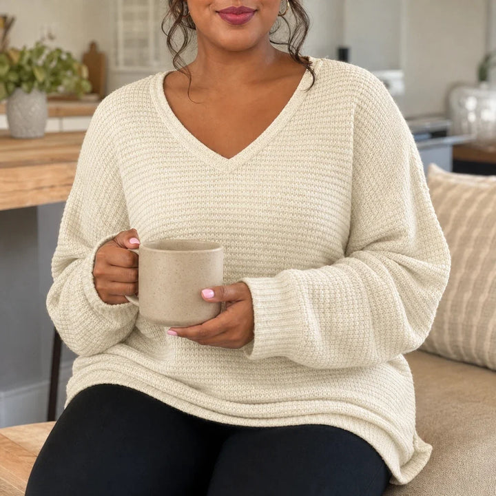 Vellune – V-Neck Waffle-Knit Long Sleeves Sweater