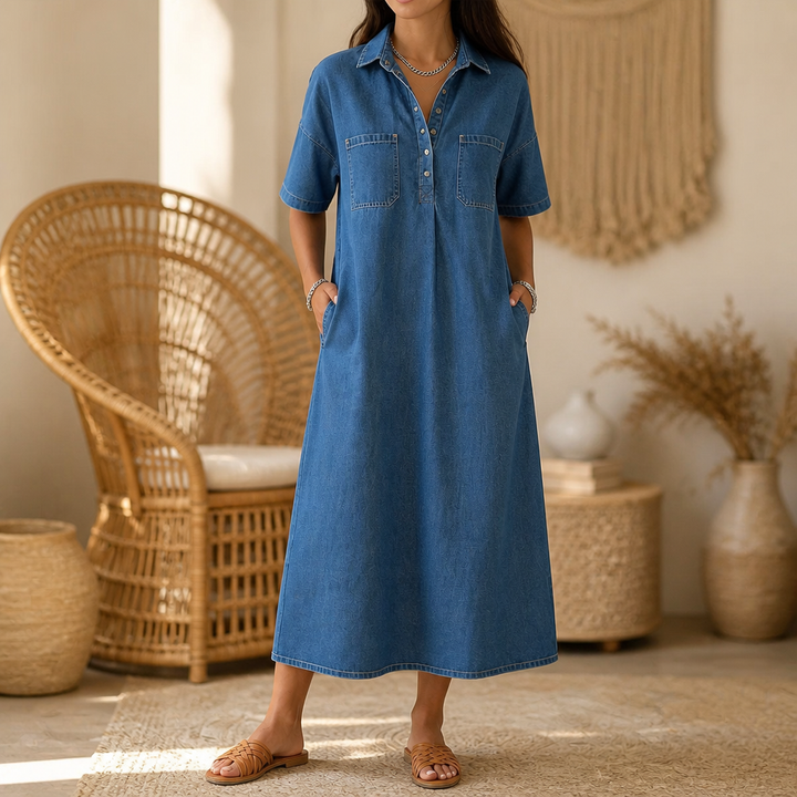 Denimly – Pocketed Shirt Collar Denim Midi Dress