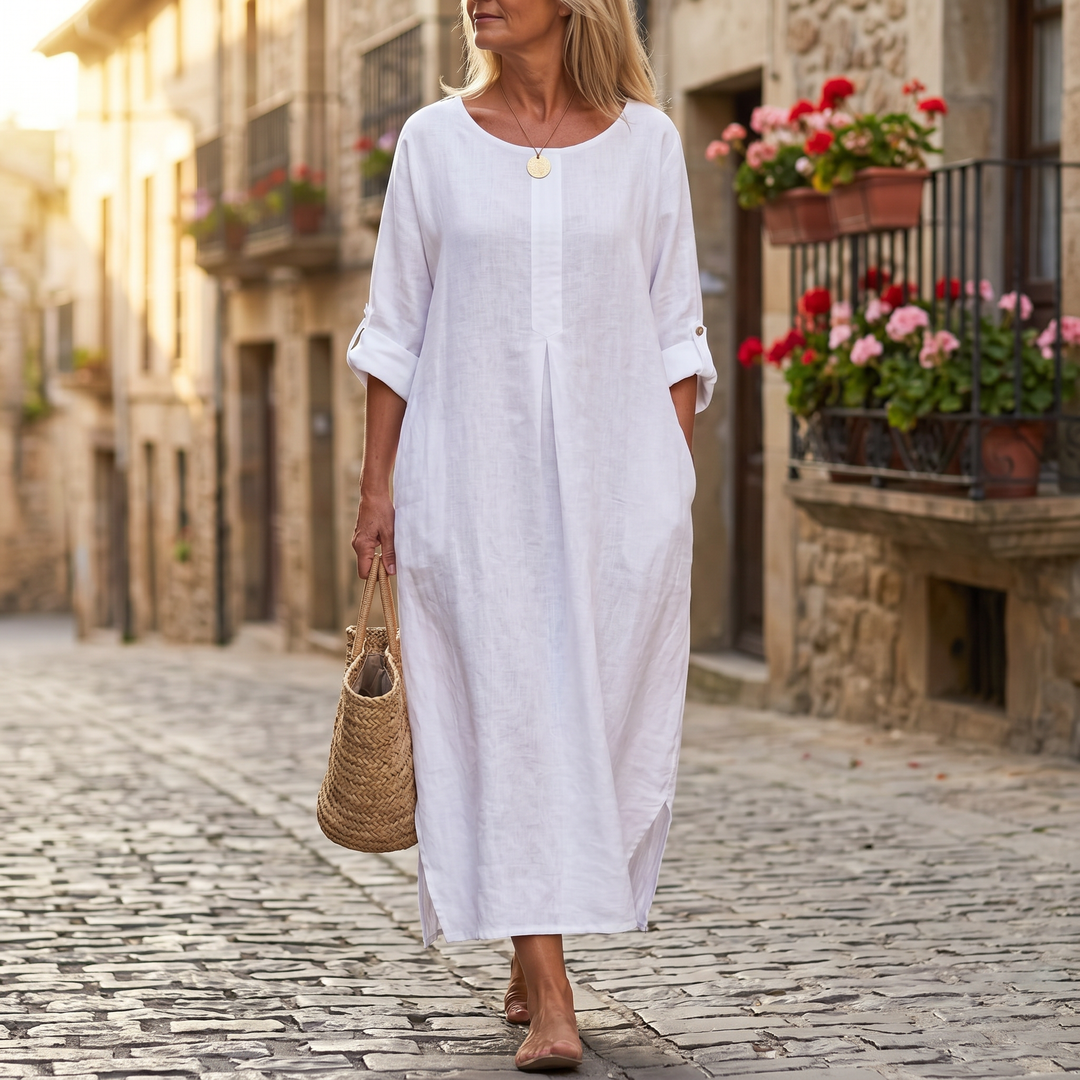 linen flowy dress Cotton Linen Sun Dresses for Older Women Casual Loose Comfy V Neck Short Sleeve Linen Maxi Dress Summer Lightweight Gauze Flowy Maxi Dresses Tea Length Tshirt Dress Beach Vacation Outfits 2025 at