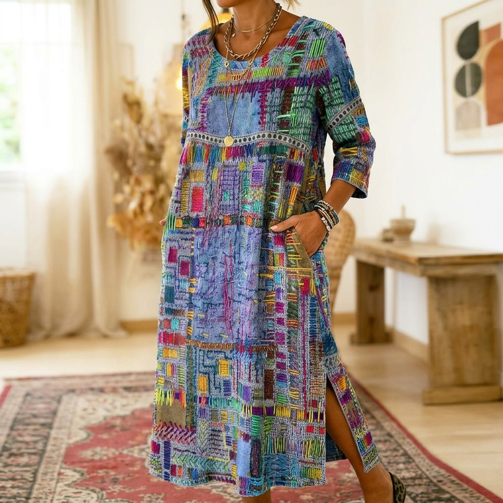 Tessara™ – Artisan Print Midi Dress with Pockets