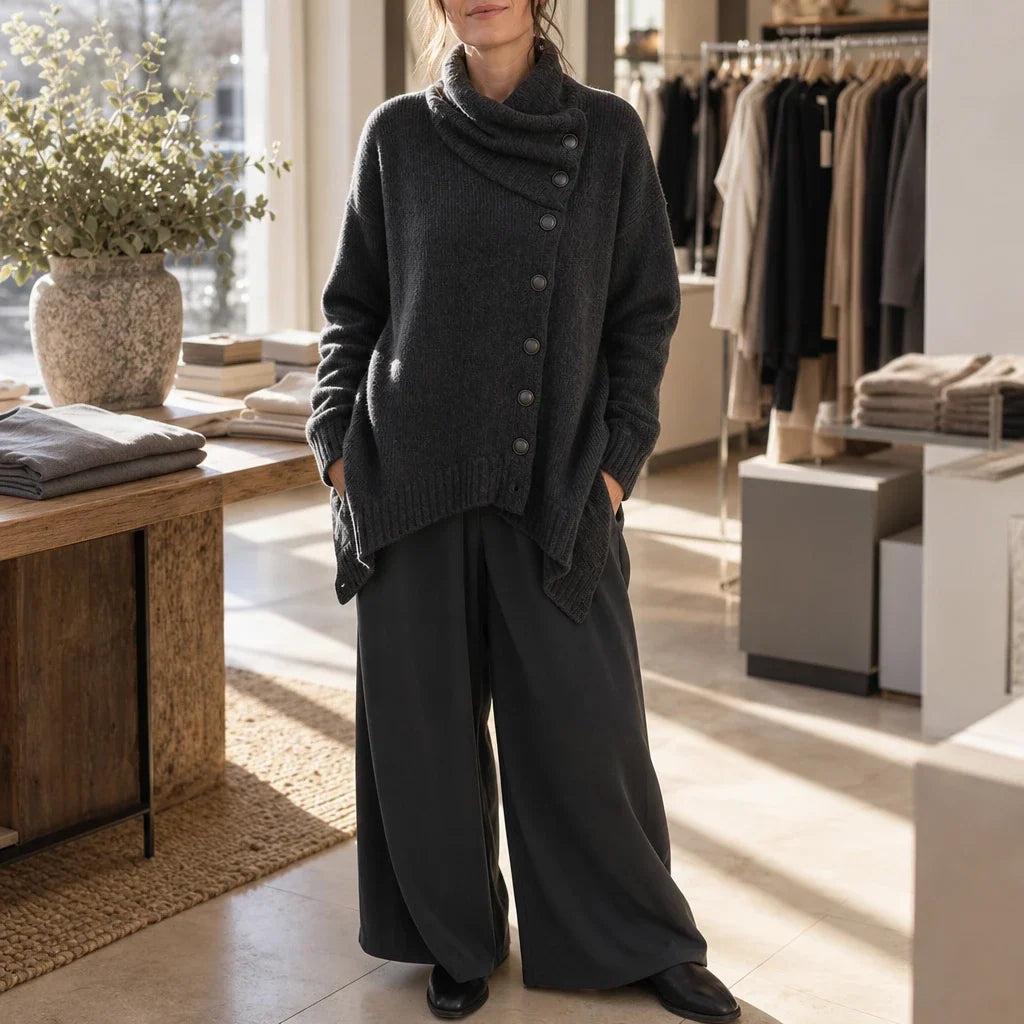 Velora – Asymmetric Draped High-Collar Knit Pullover