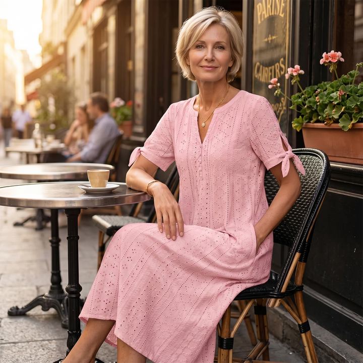Florenza™ – Eyelet Midi Dress with Tie-Bow Sleeves