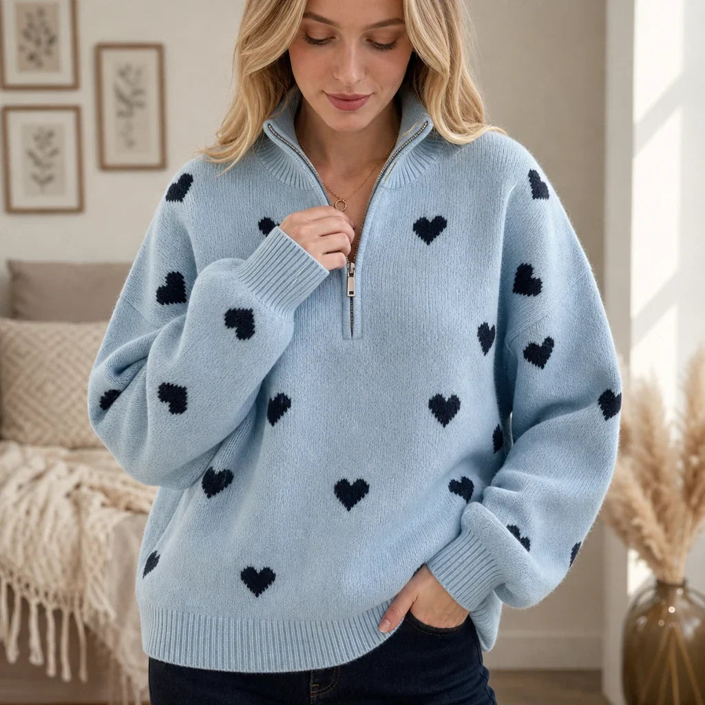 Lovelle – Heart-Pattern Quarter-Zip Sweater