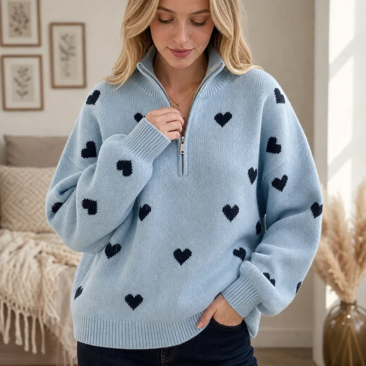 Lovelle – Heart-Pattern Quarter-Zip Sweater