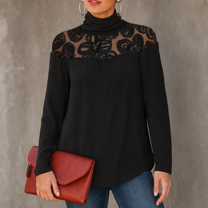Florenza – Sheer Floral Lace-Yoke High-Neck Blouse