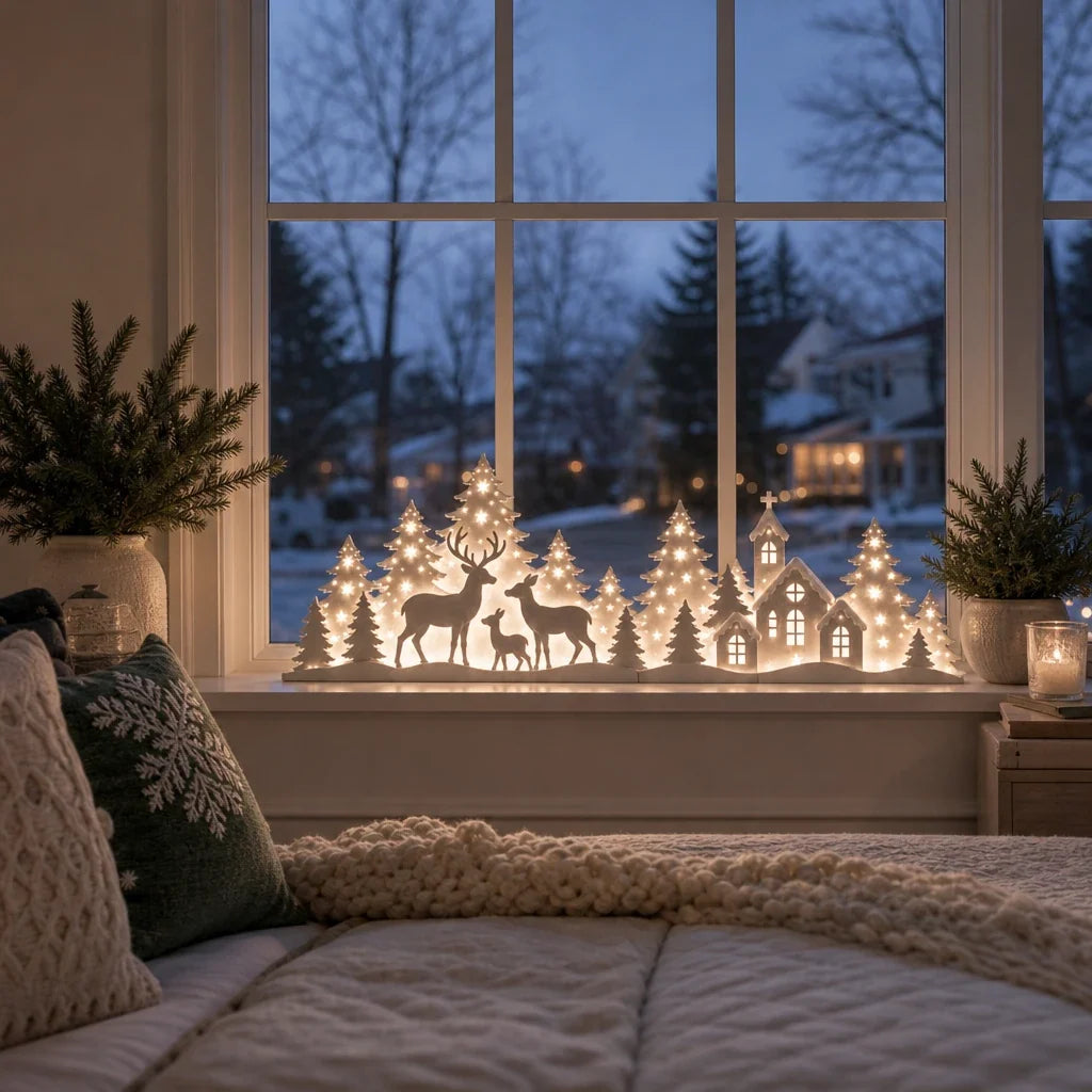 Deerwood Glow – LED Christmas Window Village With Deer