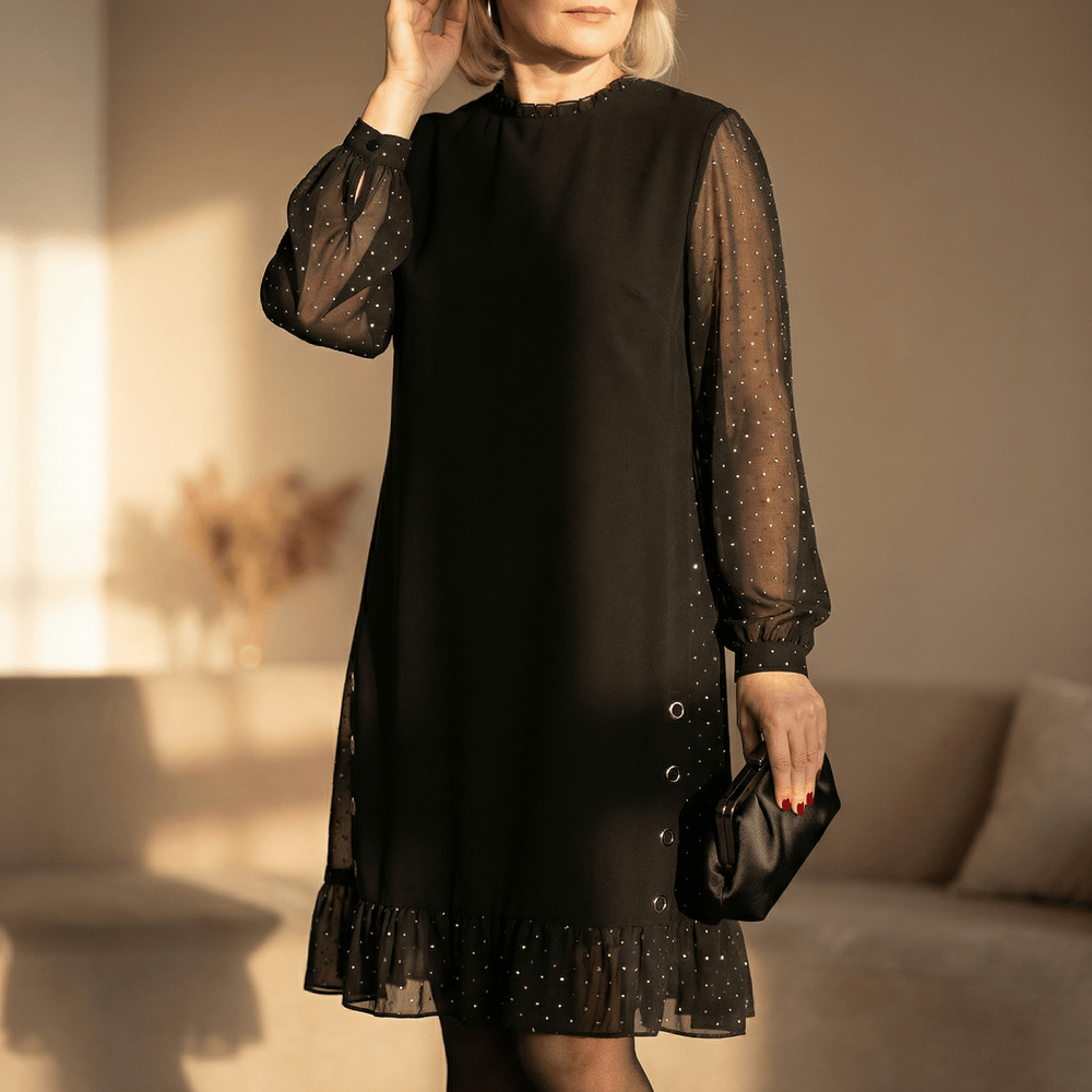 Lumiveil™ – Rhinestone Mesh Sleeve Dress with Ruffle Hem - Lark & Clover