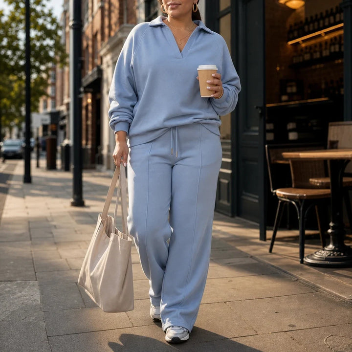Velaire – Collared V-Neck Top And Straight-Leg Pants Set