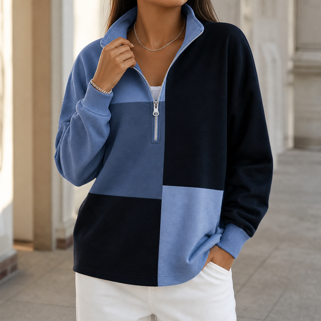 Colorplaid – Colorblock Plaid Stand-Collar Zip Sweatshirt