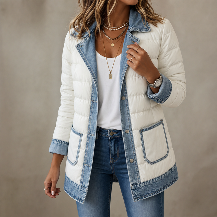 Denvora – Denim Look-Trim Quilted Puffer Jacket