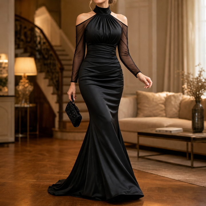 Elara – Cold-Shoulder Ruched Mermaid Evening Gown
