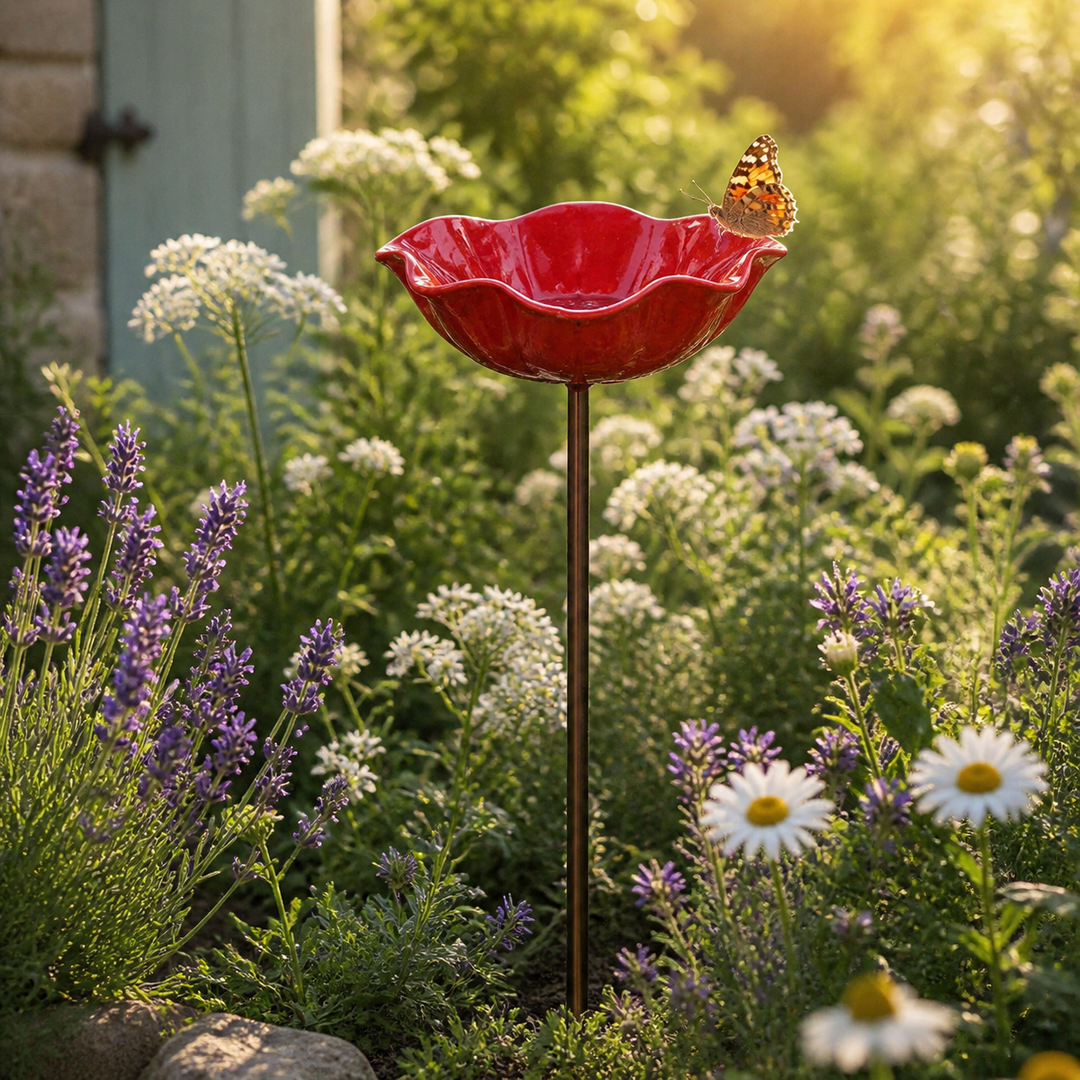 PetalHaven™ Hand-Formed Poppy Bird Bath Garden Stake