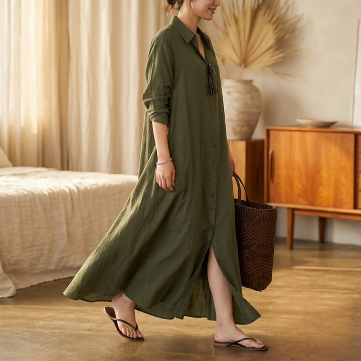 Marivelle™ – Effortless Maxi Shirt Dress with Pockets
