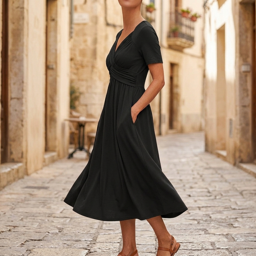 Veluna – Crossover V-Neck Midi Dress with Pockets