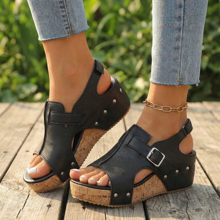 Solana™ – Retro Cork Wedge Sandals with Rivet Detail