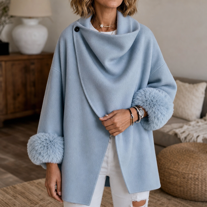 Wearbella – Faux Fur Cuff Asymmetric Wrap Blend Jacket