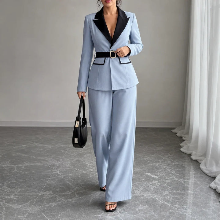 Vivia – Contrast-Lapel Belted Wide-Leg Pantsuit