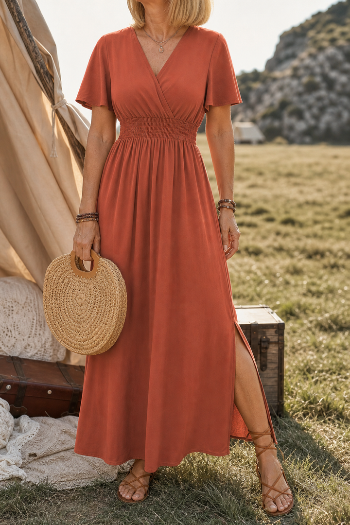 Lunetta – Button-Front V-Neck Side Slit Maxi Dress