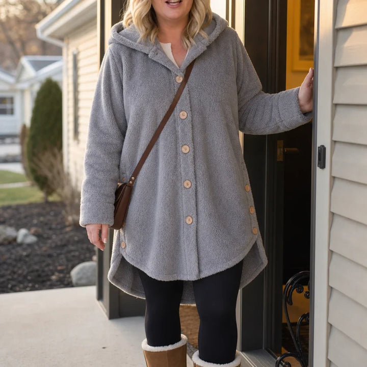 Cozy Button – Asymmetrical Hem Hooded Fleece Coat