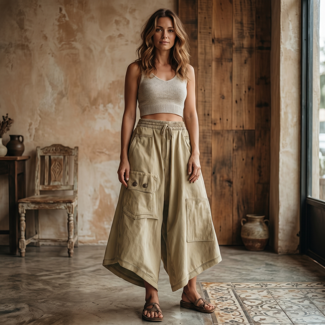 Wearbella™ – Wide-Leg Cargo Culottes with Asymmetric Hem