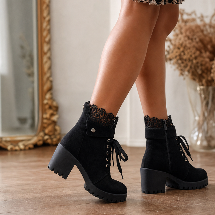 Lacevoya – Lace-Up Chunky Heel Ankle Booties