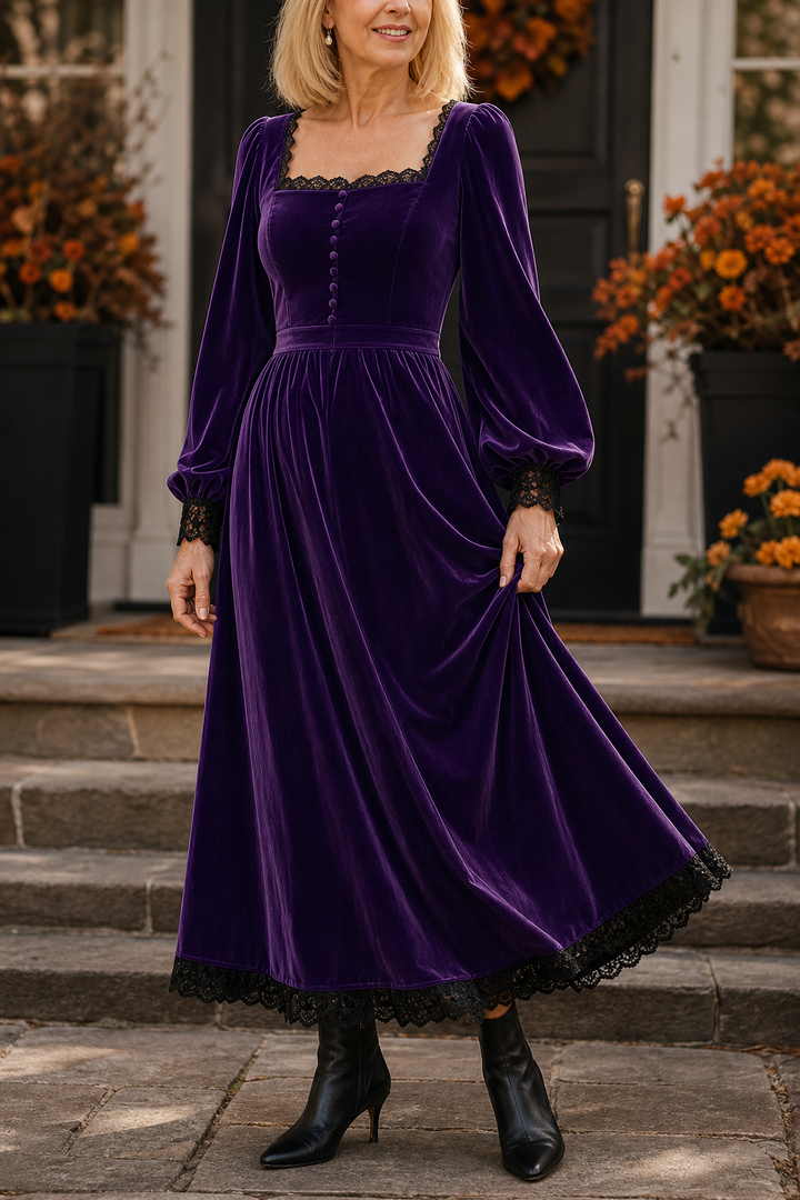Velourette – Square Neck Fitted Waist Velvet-Look Midi Dress