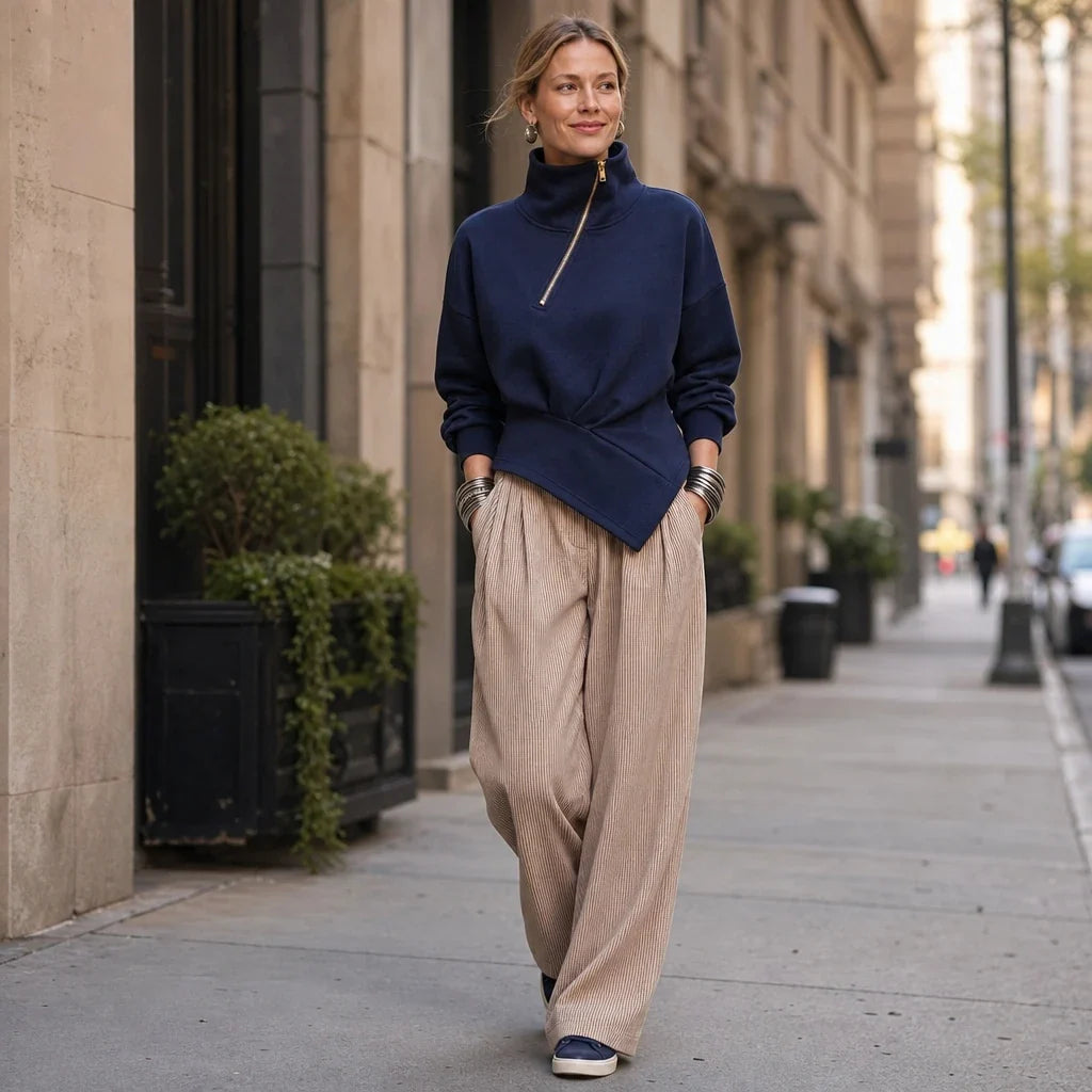 Velaire – Asymmetric Diagonal-Zip High-Neck Sweatshirt