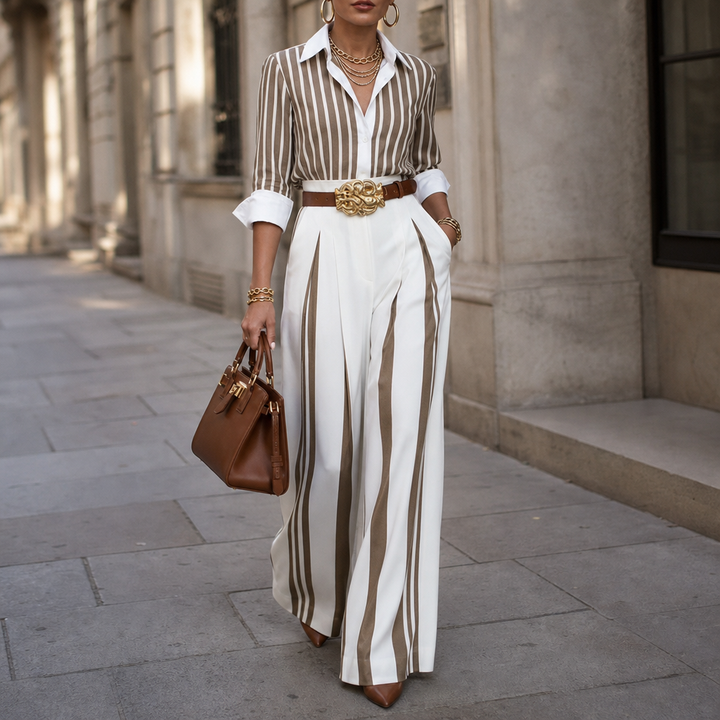 Lineleigh – Striped Wide-Leg Shirt And Pants Set