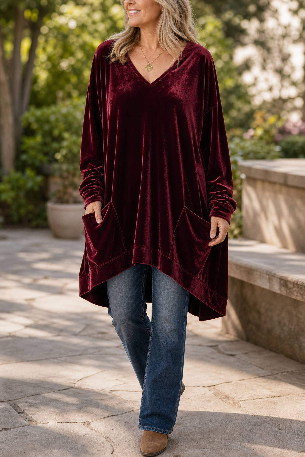 Velveau – Oversized Pocketed V-Neck Velvet Look Tunic
