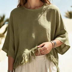 Wovelle – Fringed Hem Boxy Drop-Shoulder Blouse