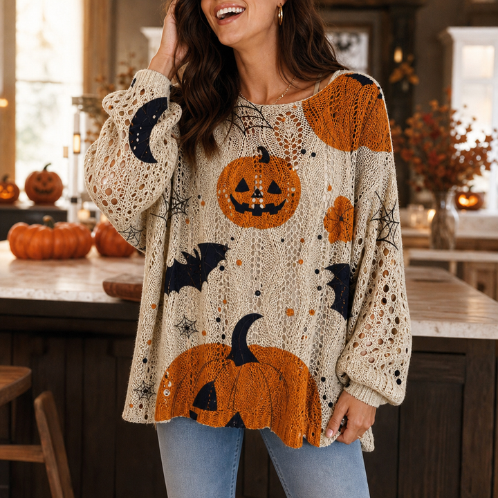 Harvestknit – Pumpkin And Bat Intarsia Knit Sweater