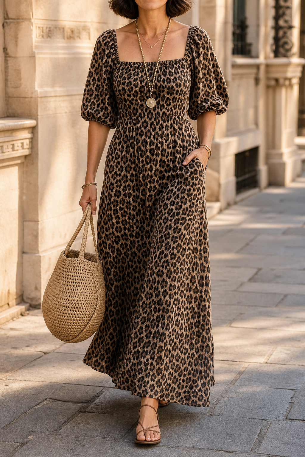 Wearbella – Coffee Leopard Square Neck Maxi Dress