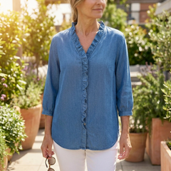 Wrenley™ – Soft Ruffled Denim Shirt with High Low Hem