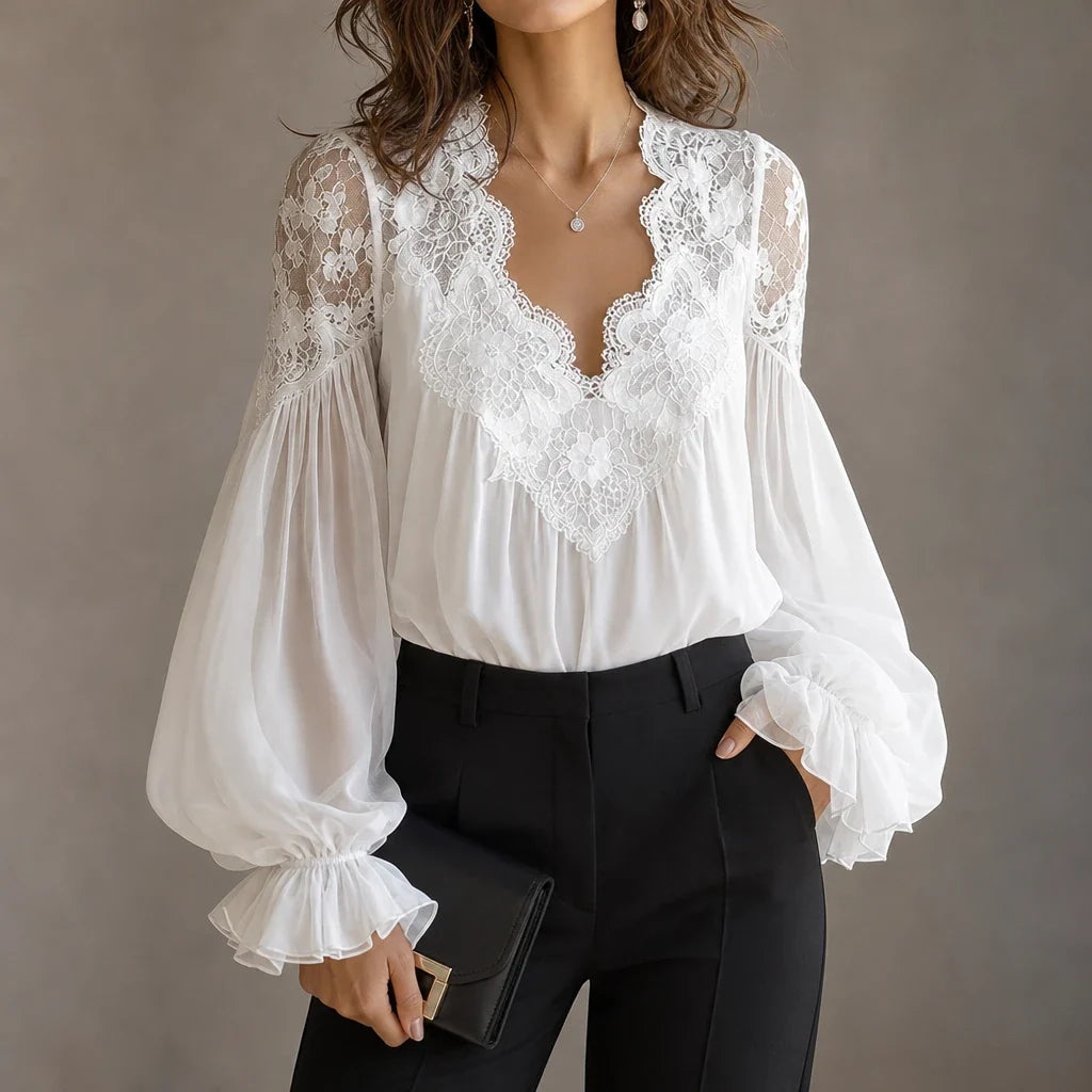 Rosabelle – Cotton Lace-Patchwork Ruffle-Cuff Blouse