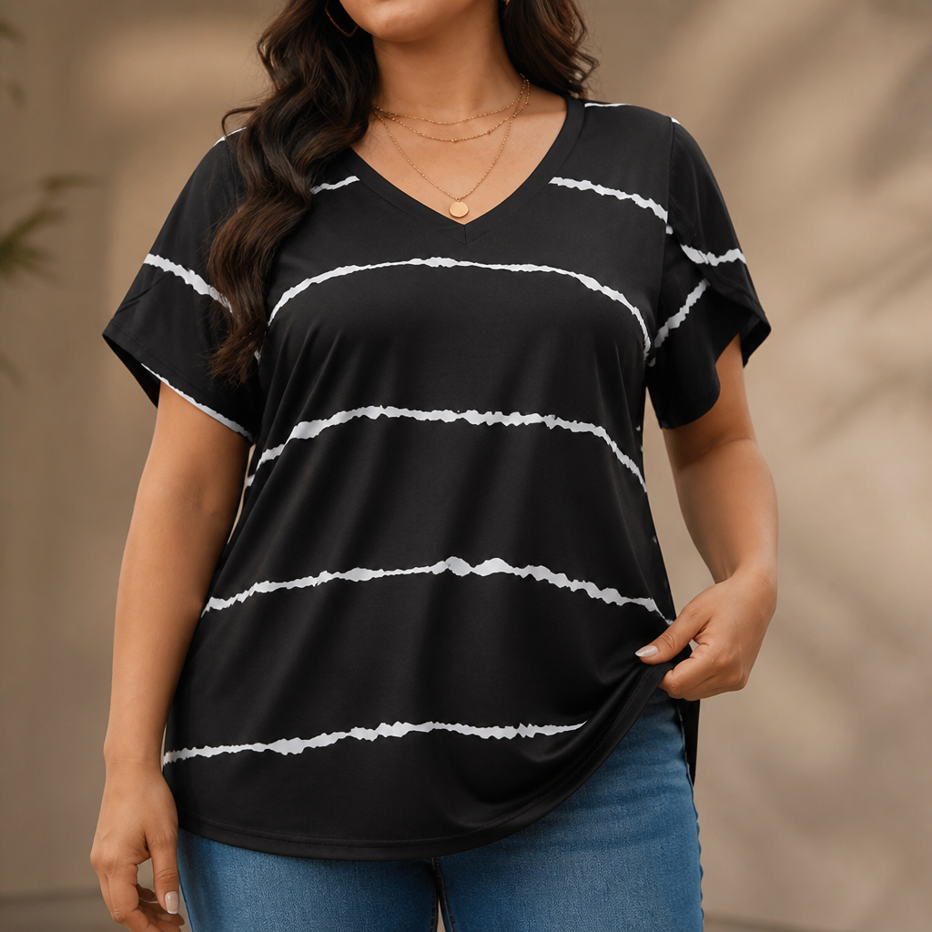 Curvella – Striped V-Neck Stretch Knit Tee