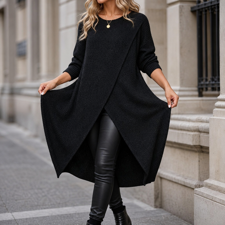 Wrapline – Asymmetric Wrap-Front Slit Hem Tunic Dress